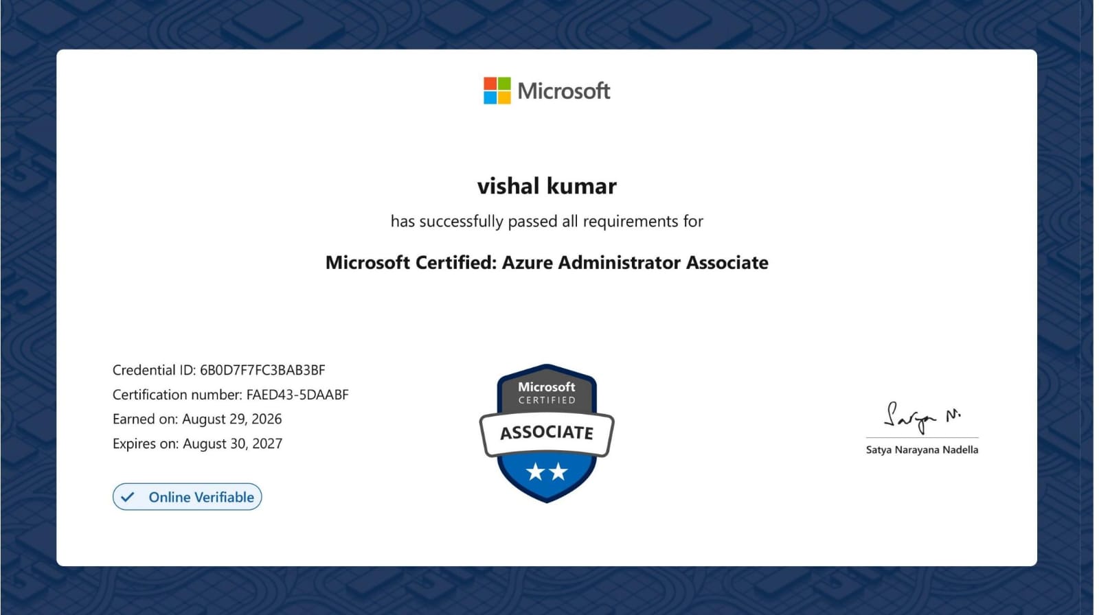 VISHAL KUMAR — Microsoft Certified: Azure Administrator Associate